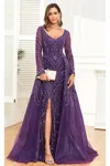 High Couture Nr2328 Long Formal Slit Beaded Evening Overskirt Dress In Purple