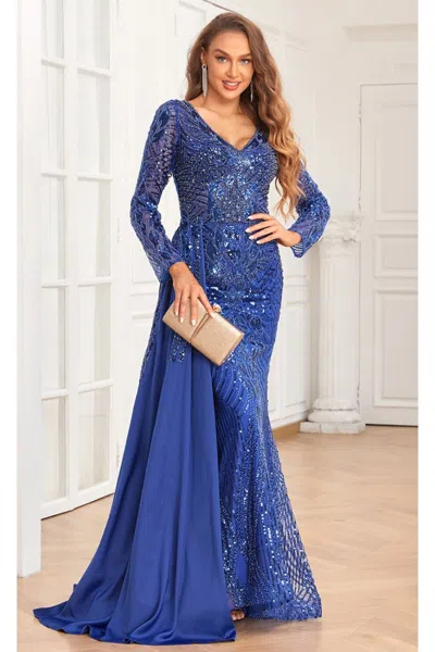 High Couture Nr2333 Formal Beaded Evening Long Dress In Blue