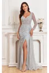 High Couture Nr2351 Long Slit Formal Fitted Evening Bedaded Dress In Neutral