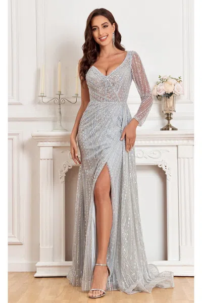 High Couture Nr2351 Long Slit Formal Fitted Evening Bedaded Dress In Neutral
