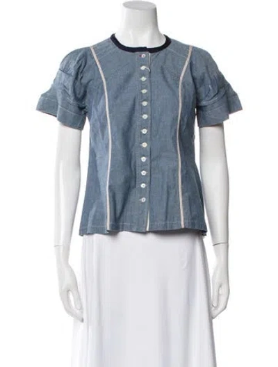 Pre-owned High Crew Neck Short Sleeve Button-up Top In Blue