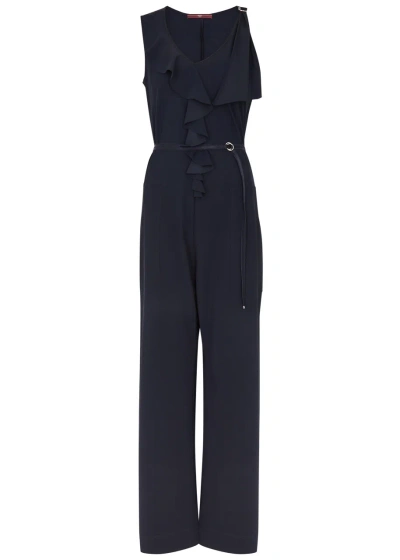 High Descend Ruffled Stretch-jersey Jumpsuit In Navy