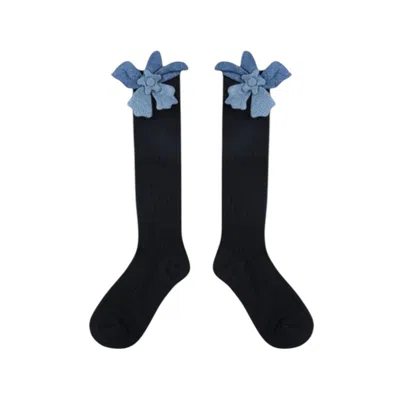 High Heel Jungle By Kathryn Eisman Women's Black / Blue Denim Flower Tall Socks