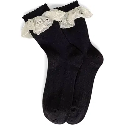High Heel Jungle By Kathryn Eisman Women's Bobby Lace Frill Trim Cotton Bobby Socks Black