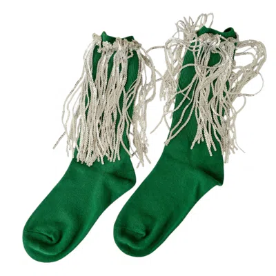 High Heel Jungle By Kathryn Eisman Women's Bowie Cotton Socks With Glitter Fringe Green