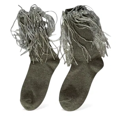High Heel Jungle By Kathryn Eisman Women's Bowie Cotton Socks With Glitter Fringe Grey In Gray