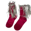 High Heel Jungle By Kathryn Eisman Women's Bowie Cotton Socks With Glitter Fringe Rose Red In Red