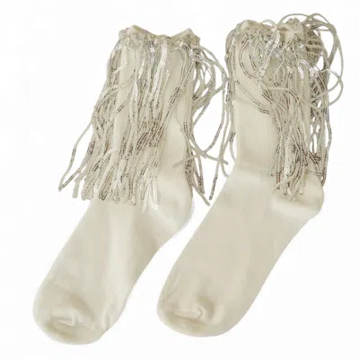 High Heel Jungle By Kathryn Eisman Women's Bowie Cotton Socks With Glitter Fringe White