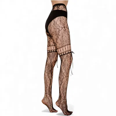 High Heel Jungle By Kathryn Eisman Women's Chevonne Lace And Satin Fishnet Tights Black