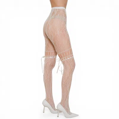 High Heel Jungle By Kathryn Eisman Women's Chevonne Lace And Satin Fishnet Tights - White