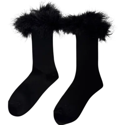 High Heel Jungle By Kathryn Eisman Women's Frou-frou Faux Fur Trim Combed Cotton Socks Black