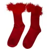 High Heel Jungle By Kathryn Eisman Women's Frou-frou Faux Fur Trim Combed Cotton Socks Red In Red