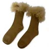 High Heel Jungle By Kathryn Eisman Women's Neutrals Frou-frou Faux Fur Trim Combed Cotton Socks Khaki In Yellow