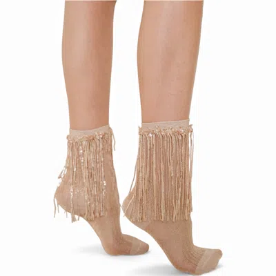 High Heel Jungle By Kathryn Eisman Women's Neutrals Stevie Metallic Lurex Socks With Glitter Fringe Khaki In Yellow