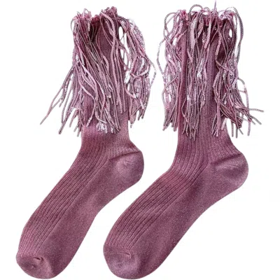 High Heel Jungle By Kathryn Eisman Women's Stevie Metallic Lurex Socks With Glitter Fringe Pink
