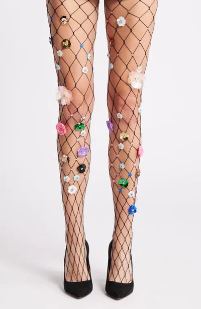 High Heel Jungle Celebration Floral Appliqué Sheer Tights In Black