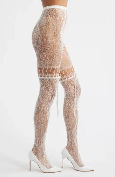 High Heel Jungle Chevonne Satin Ribbon Lace Fishnet Tights In White