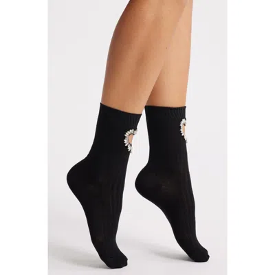 High Heel Jungle Crystal Heart Cutout Crew Socks In Black