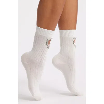 High Heel Jungle Crystal Heart Cutout Crew Socks In White