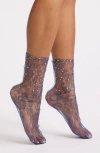 High Heel Jungle Crystal Lace Slouchy Sheer Tulle Socks In Blue