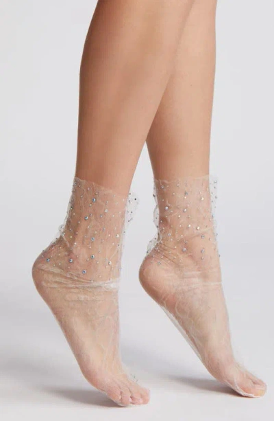 High Heel Jungle Crystal Lace Slouchy Sheer Tulle Socks In White