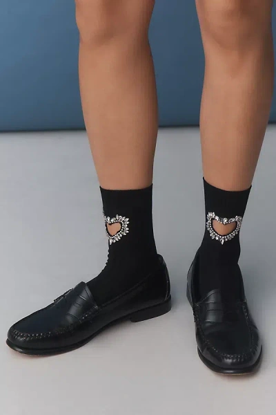 High Heel Jungle Gem Crystal Heart Crew Socks In Black
