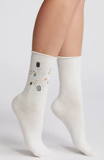 High Heel Jungle Gemstone Stretch Cotton Crew Socks In White