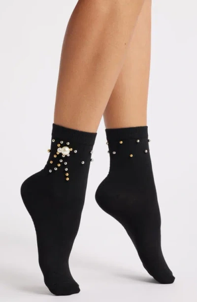 High Heel Jungle Heirloom Imitation Pearl Crewn Socks In Black