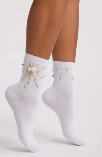High Heel Jungle Heirloom Imitation Pearl Crewn Socks In White