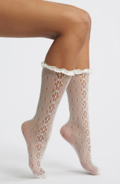 High Heel Jungle Mimi Satin Ruffle Lace Crew Socks In White