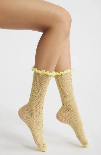 High Heel Jungle Mimi Satin Ruffle Lace Crew Socks In Yellow
