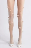 High Heel Jungle Nevermore Peek Bow Imitation Pearl Sheer Tights In White