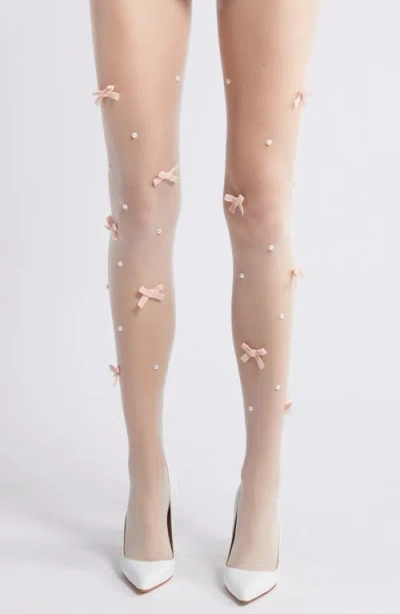 High Heel Jungle Nevermore Peek Bow Imitation Pearl Sheer Tights In White