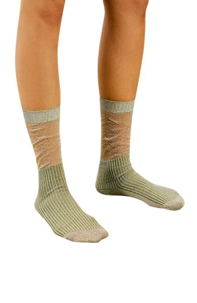 High Heel Jungle Sheer Magic Sparkle Cotton Blend Crew Socks In Brown