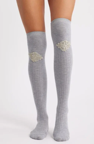 High Heel Jungle Trinket Crystal Embellished Knee High Socks In Gray