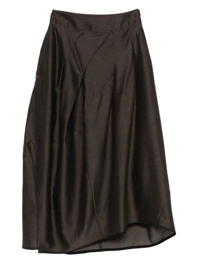 High Pleated Panel Midi Skirt In Brown