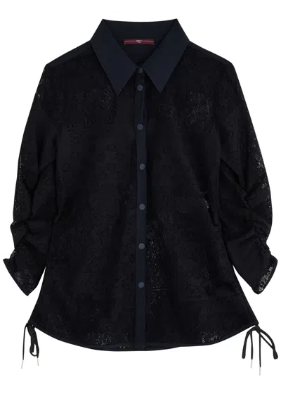 High Pronounce Ruched Lace Shirt In Navy