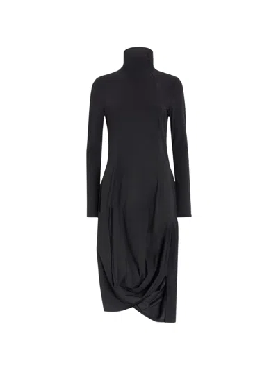 High Scattering Mock-neck Asymmetric Draped Mid-length Dress In Black
