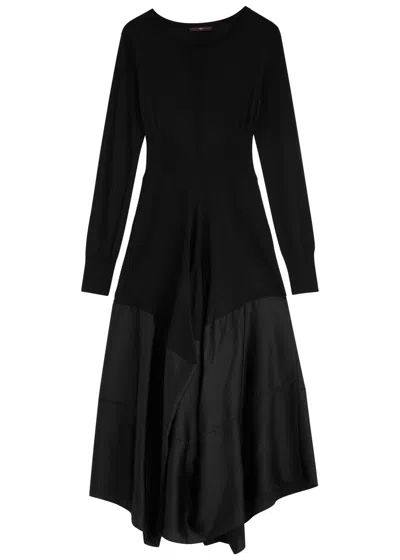 High Turnaround Satin And Knitted Midi Dress In Black
