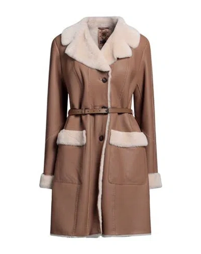 High Woman Coat Khaki Size 10 Soft Leather In Beige