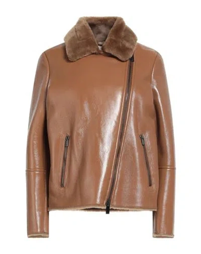 High Woman Jacket Camel Size 10 Leather, Shearling In Beige