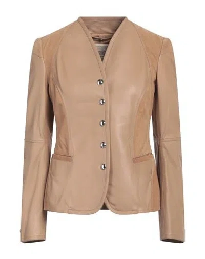 High Woman Jacket Camel Size 12 Leather In Beige