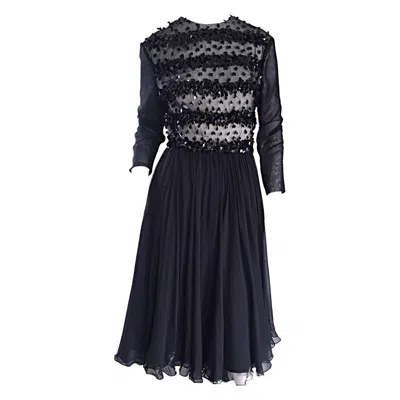 Pre-owned Highlight 1960s Pat Sandler For  60s Black Chiffon Beaded Paillette Vintage Dress