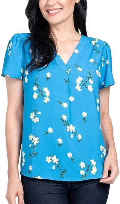 Hilary Radley V-neck Printed Blouse In Blue & Off White Floral