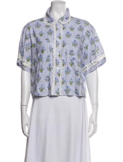 Pre-owned Hill House Home Floral Print Eyelet Trim Pajamas In Blue/neutrals