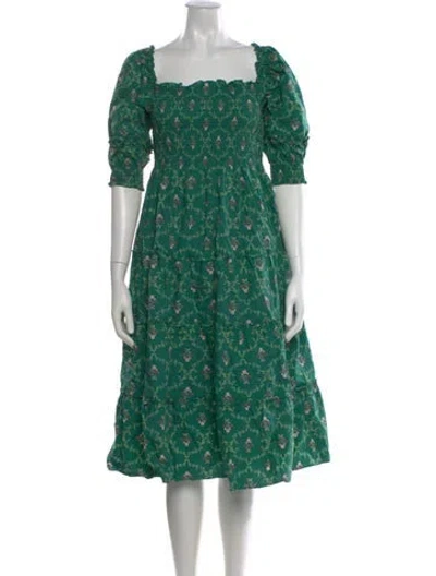 Pre-owned Hill House Home Floral Print Knee-length Dress In Green