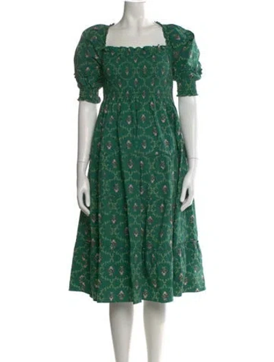 Pre-owned Hill House Home Floral Print Knee-length Dress In Green
