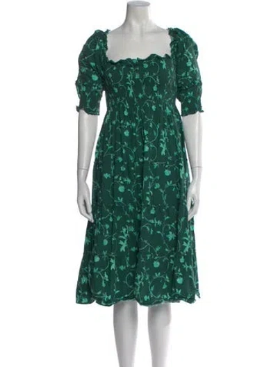 Pre-owned Hill House Home Floral Print Knee-length Dress In Green