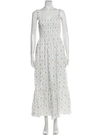 Pre-owned Hill House Home Floral Print Long Dress In White