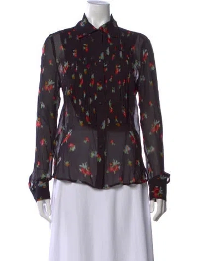 Pre-owned Hill House Home Floral Print Long Sleeve Blouse In Black